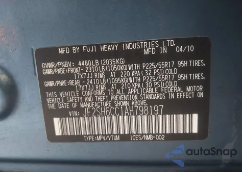 2010 Subaru Forester 2.5X Premium z USA, uszkodzony, nr VIN JF2SH6CC1AH798197